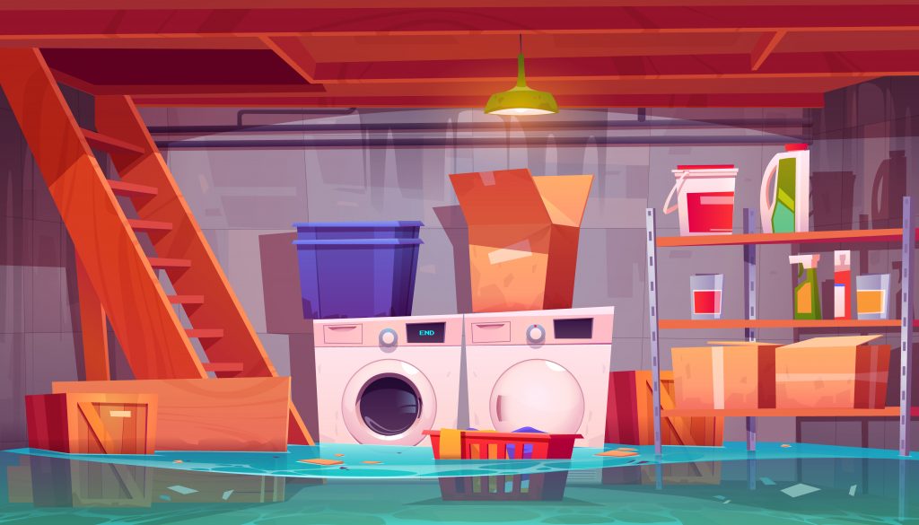 Flooded laundry in basement, water leakage in home cellar interior with washing and dryer machines, detergents on shelves, basket with dirty linen and carton boxes, flood, Cartoon vector illustration